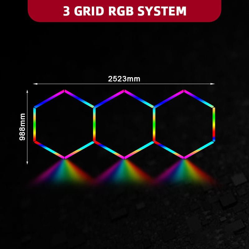 RGB 3 Hexagon Lights System(8.28′ x 3.24′) - My Garage Station